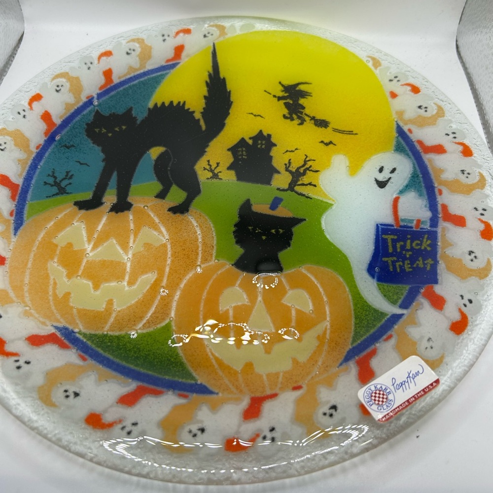Peggy Karr Glass a 14” beautiful Black Cat Halloween Plate Handma…
